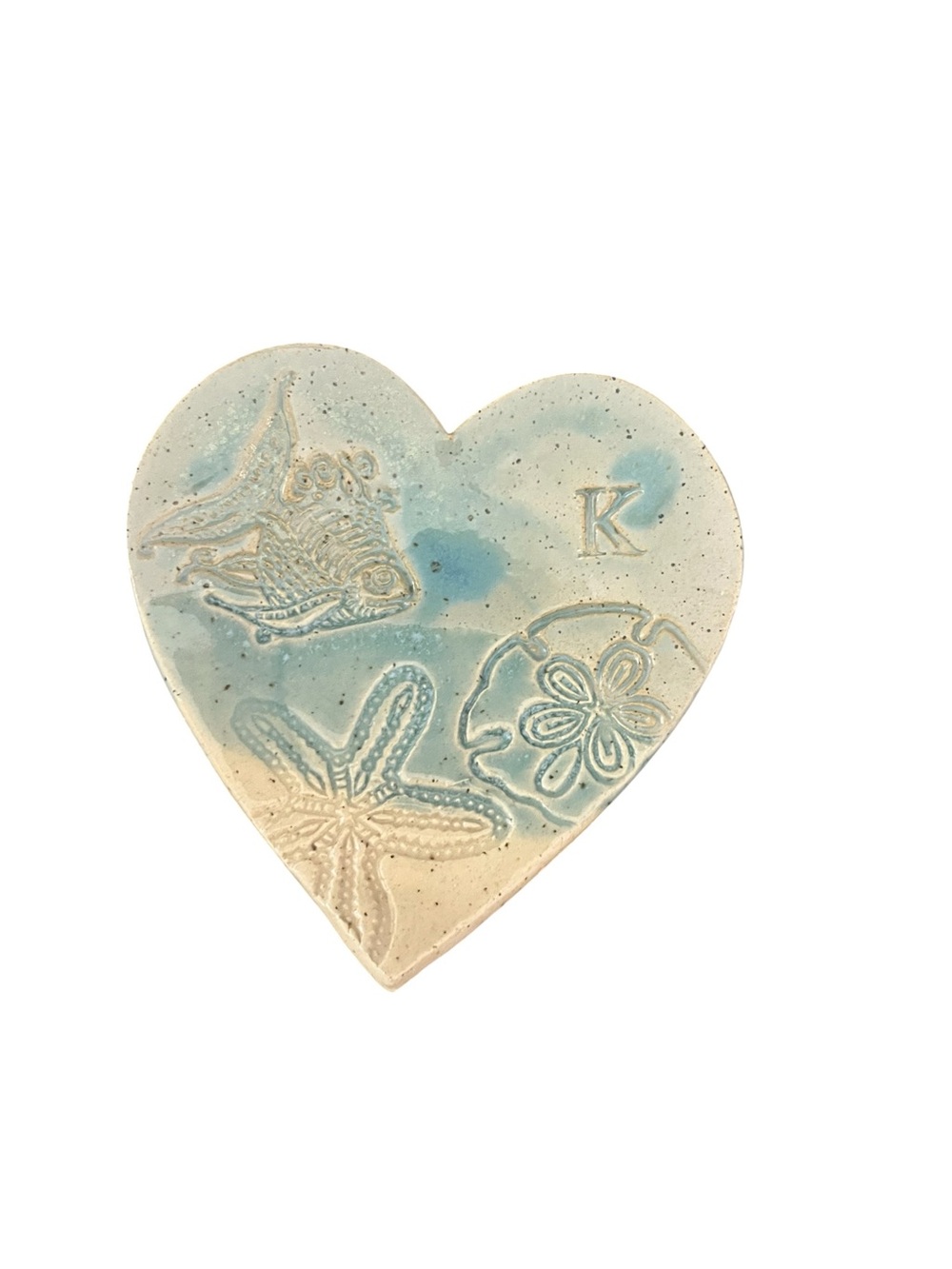 Handmade Coastal Heart Shaped Trinket Tray Monogram K